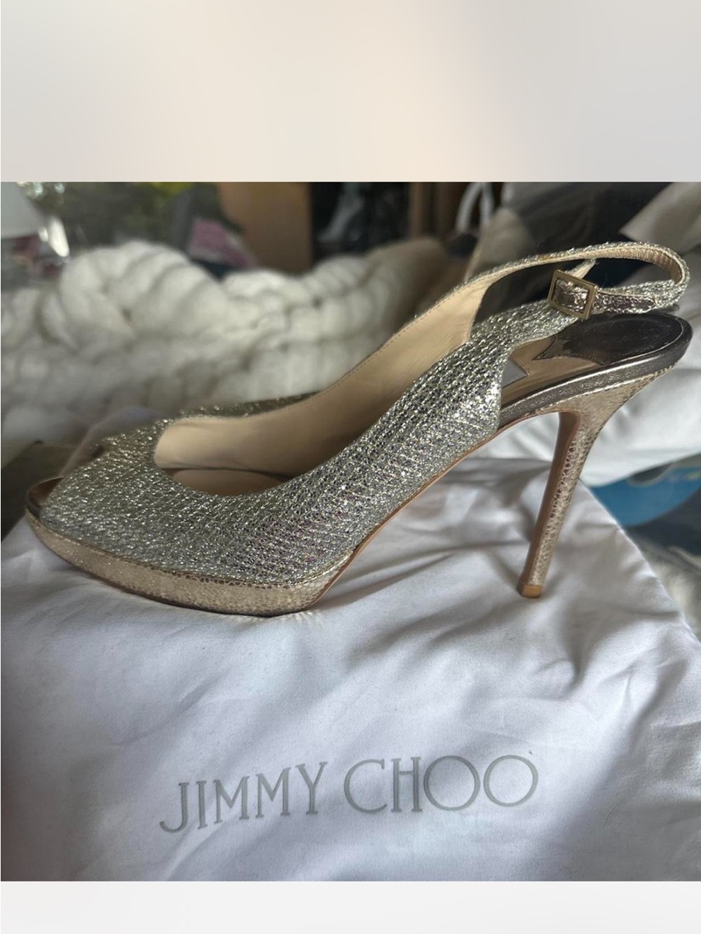 Jimmy Choo Gold Glitter Slingback Peep Toe Stiletto Heels